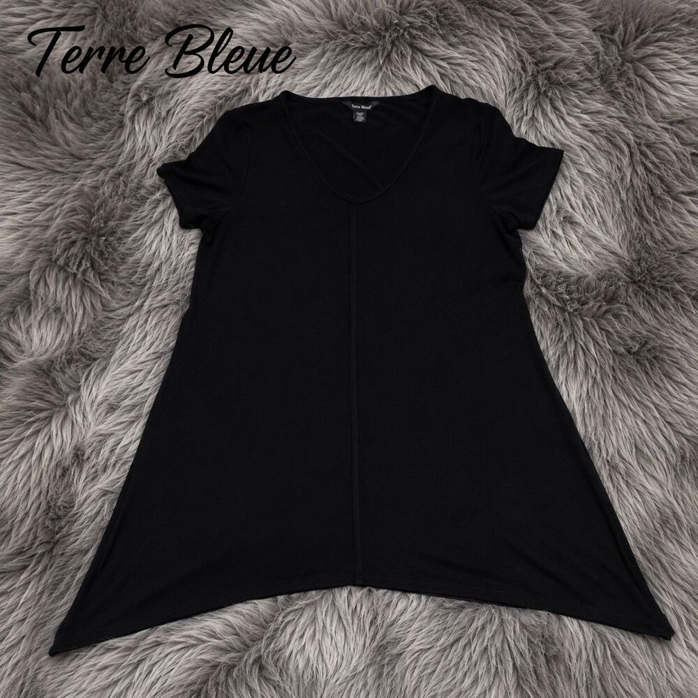 Terre Bleue Black Asymmetrical Hem Short Sleeve Tunic Top Women's Size Small